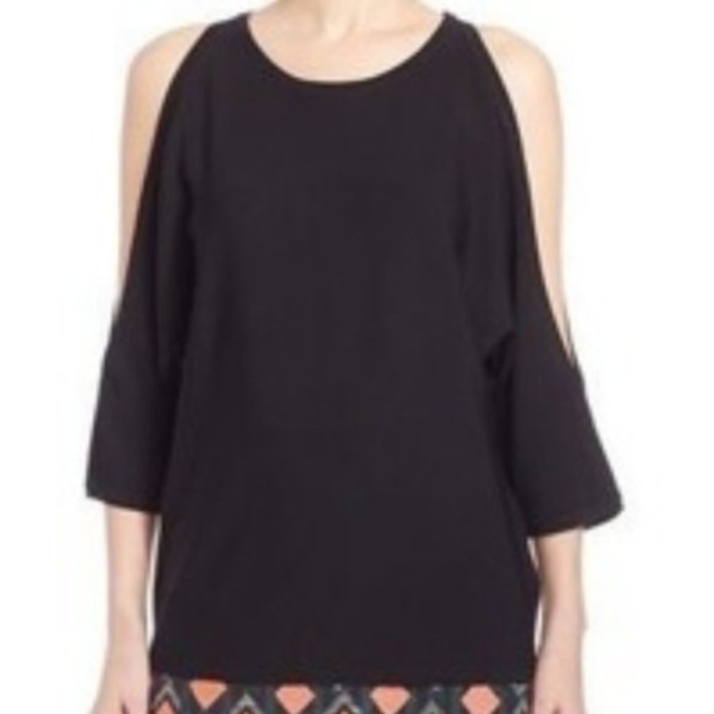Milly Classic Black Minimalist Chic Cold Shoulder Tight Knit Top